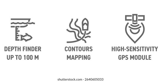 Fishfinder sonar properties icons set - Contours mapping mode, High-sensitivity GPS module, Depth finder up to 100 meters Pictograms for labeling in bold line