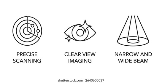Fishfinder sonar properties icons set - Clear view imaging, Narrow and wide beam mode, Precise scanning. Pictograms for labeling in monochrome style