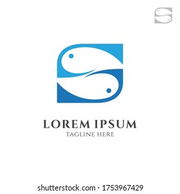 Fish/fishing letter S logo concept, simple flat logo style, blue color on white background