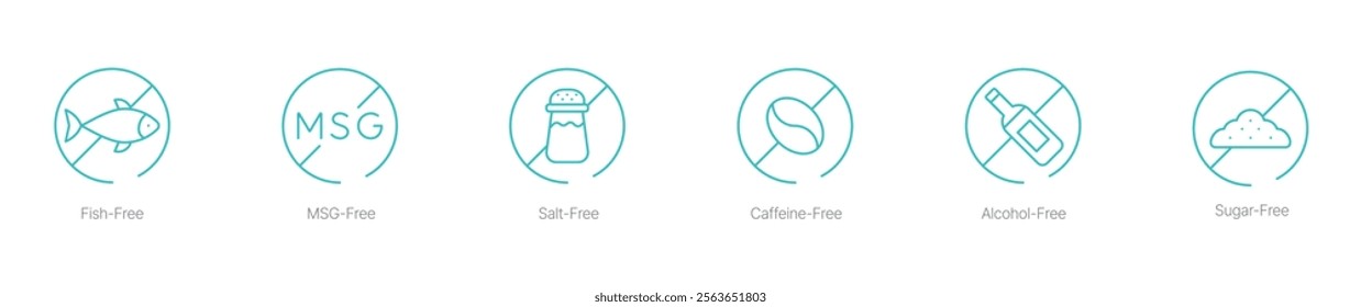 Fish-Free, MSG-Free, Salt-Free, Caffeine-Free, Alcohol-Free, and Sugar-Free Vector Icon Set for Healthy and Lifestyle Food Labeling