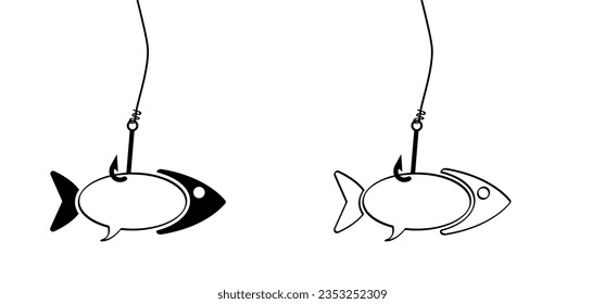 Fishhook or fish hook. Fish line pattern. Vector sea, ocean or water animal sign. fishing symbol. Cat food. Go fishing day. Speech bubble to speak message. Speaking clouds bubbles. i love fishing.