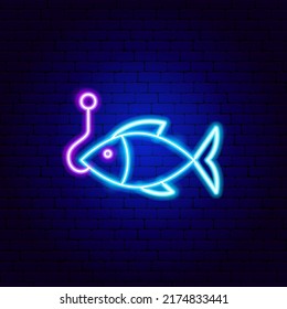 Fishhook Fish Neon Sign. Vector Illustration of Hook Promotion.