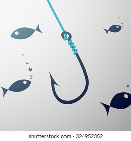 Fishhook and fish under water. Stock vector image.