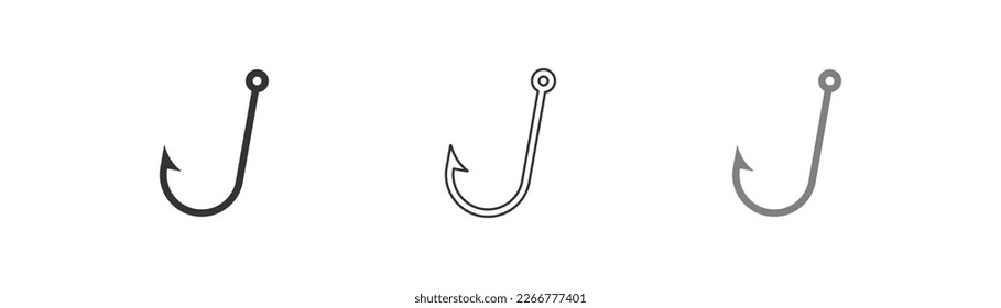 Fishhook icon on light background. Fishing symbol. Trap, lure, fish, angler, fisher signs. Scam concept. Outline, flat and colored style. Flat design. 