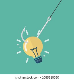Fishhook with idea lightbulb. Business concept