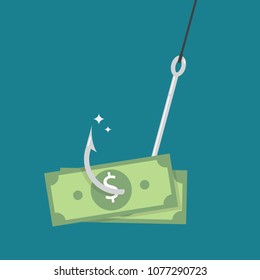 Fishhook with money. Money as trap business concept