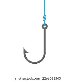 Fishhook on light background. Fishing symbol. Trap, lure, fish, angler, fisher signs. Scam concept. Flat design with shadows. 