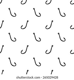 Fishhook. Seamless watercolor pattern with single hook on the white background, aquarelle. Vector illustration. Hand-drawn decorative element. Real watercolor painting