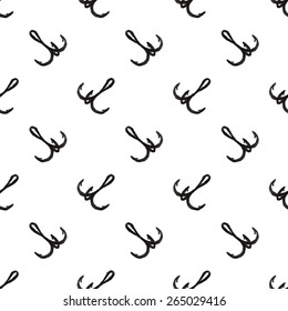 Fishhook. Seamless watercolor pattern with triple hook on the white background, aquarelle. Vector illustration. Hand-drawn decorative element. Real watercolor painting