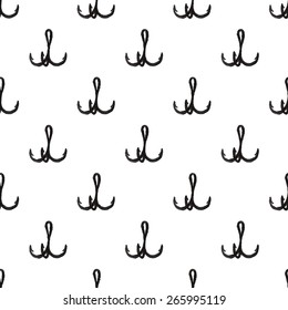 Fishhook. Seamless watercolor pattern with triple hook on the white background, aquarelle. Vector illustration. Hand-drawn decorative element. Real watercolor painting