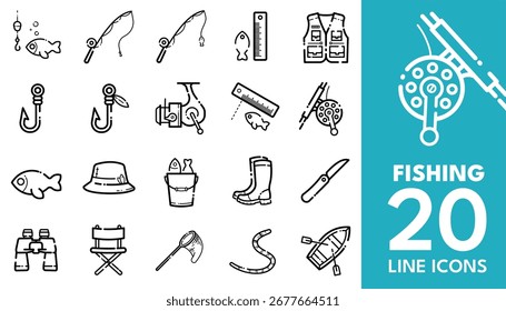 pesca - conjunto de ícones de vetor de 20 linhas
