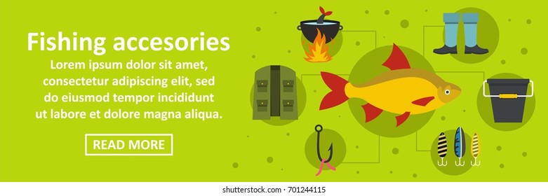 Fishing accesories banner horizontal concept. Flat illustration of fishing accesories banner horizontal vector concept for web