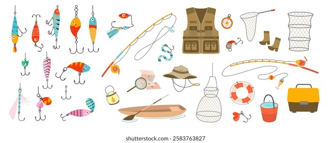 Fishing accessories. Different lures, rods, fish hooks, baits, plastic bucket with water for fish. Angling equipment and fisherman clothes, nowaday vector set