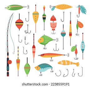 Fishing accessories. Fish bait with hook, fisherman rod and tackle with artificial fishes shapes vector set. Seasonal hobby activity equipment for catching fish, outdoor leisure elements