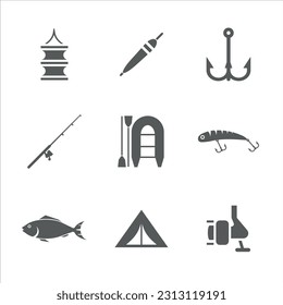 Symbole für Fischerei- und Fischereizubehör.