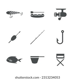 Iconos de accesorios de pesca y pesca.