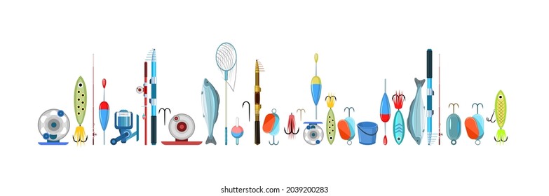 Fishing accessories. Including fish. A variety of items complete set. Isolated on white background. Bottom border. Vector