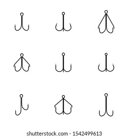 Fishing accessories from thin lines. Set of different double and triple hooks, isolated on white background, vector illustration.