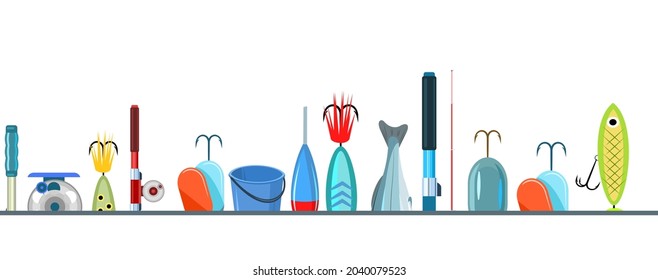 Fishing accessories. A variety of items complete set. Isolated on white background. Bottom border. Vector
