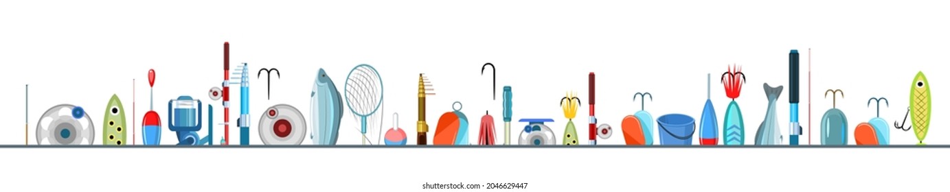 Fishing accessories. A variety of items complete set. Isolated on white background. Bottom border. Vector