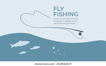 
Fishing and active hobby. Fly fishing rod with fishing line. Fish biting a fly lure. Fly fishing on bait on the lake or river. Leisure. Оutdoor recreational. Vector illustration flat design. Isolated