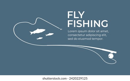 Fishing and active hobby. Fly fishing rod with fishing line. Fish biting a fly lure. Fly fishing on bait on the lake or river. Leisure. Оutdoor recreational. Vector illustration flat design. Isolated