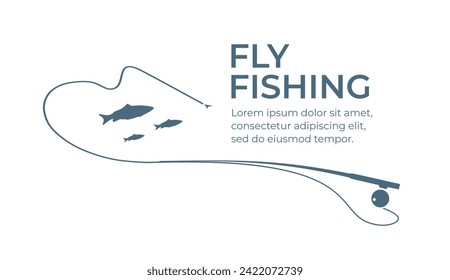 Fishing and active hobby. Fly fishing rod with fishing line. Fish biting a fly lure. Fly fishing on bait on the lake or river. Leisure. Оutdoor recreational. Vector illustration flat design. Isolated