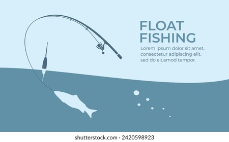 Pesca y pasatiempo activo. Barra de pesca con flote y gancho de la línea de pesca. Pescado mordiendo un señuelo. Flota pescando en el lago o río. Diseño plano de ilustración de vector de color. Aislado en segundo plano.