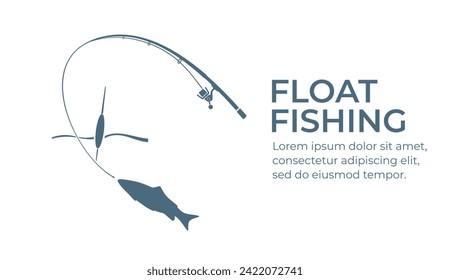 Pesca y pasatiempo activo. Barra de pesca con flote y gancho de la línea de pesca. Pescado mordiendo un señuelo. Flota pescando en el lago o río. Diseño plano de ilustración de vector de color. Aislado en segundo plano.