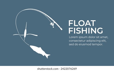 Fishing and active hobby. Fishing rod with fishing line float and hook. Fish biting a lure. Floats fishing on the lake or river. Color vector illustration flat design. Isolated on background.