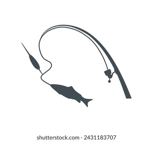 Fishing and active hobby. Fishing rod with fishing line float and hook. Fish biting a lure. Simple black emblem, icon silhouette on white background. Flat vector illustration. Isolated.