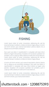 Fishing active hobby, rodman sitting on dock with tackle and haul backet poster with text sample. Vector fisher form model on pier with rod and catch.
