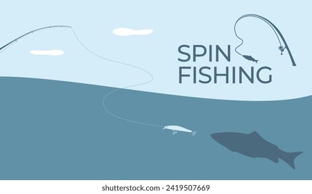 Fishing and active hobby. Fishing spining rod with fishing line. Fish biting a lure. Spin fishing on wobbler bait on the lake or river. Leisure. Оutdoor recreational. Vector illustration flat design.