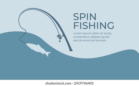 Fishing and active hobby. Fishing spining rod with fishing line. Fish biting a lure. Spin fishing on wobbler bait on the lake or river. Leisure. Оutdoor recreational. Vector illustration flat design.