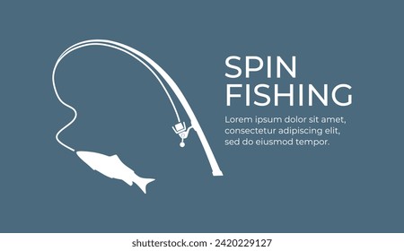 Fishing and active hobby. Fishing spining rod with fishing line. Fish biting a lure. Spin fishing on wobbler bait on the lake or river. Leisure. Оutdoor recreational. Vector illustration flat design.