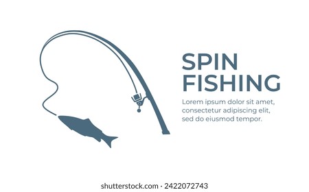 Fishing and active hobby. Fishing spining rod with fishing line. Fish biting a lure. Spin fishing on wobbler bait on the lake or river. Leisure. Оutdoor recreational. Vector illustration flat design.