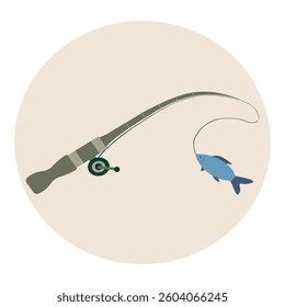 Fishing and active hobby. Fishing spining rod with fish on the hook. Vector illustration flat design.