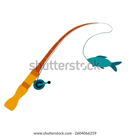 Fishing and active hobby. Fishing spining rod with fish on the hook. Vector illustration flat design.