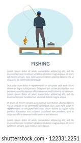 Fishing activity for relax and recreation time poster with fisher. Rod man standing on river or lake pier on dock with rod, and fishery box gear.