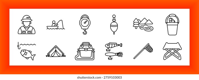 Fishing activity set icon. Fisherman portrait, boat catch, hanging scale, float bobber, landscape trees, bucket catch, hook line, fish animal, tent camping, tackle box, lure bait, landing net, folding