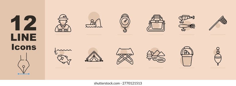 Fishing activity set icon. Line icons with fisherman portrait, angler in boat, hanging scale, tackle box, lure bait, landing net, hooked fish, camping tent, folding chair, landscape lake