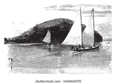 Fishing is the activity of trying to catch fish, vintage line drawing or engraving illustration.