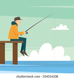 Fishing Adult Fisherman Fishing Rod Isolated Concept Character 