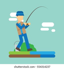 Fishing Adult Fisherman Fishing Rod Isolated Concept Character 