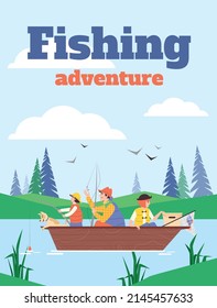 Fishing adventure for family poster template, flat vector illustration. Advertising banner or card layout for family forest encampment and active vacation in nature.