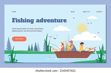 Fishing adventure website banner template with family on vacation in nature, flat vector illustration. Family fishing and water activities landing page layout.