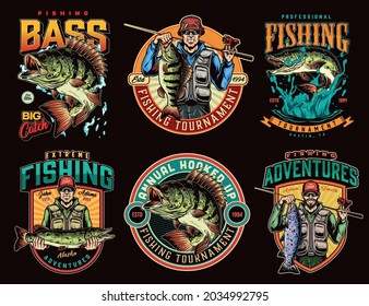 Fishing adventures colorful emblems in vintage style with different fishes smiling anglers holding caught rainbow trout perch pike isolated vector illustration