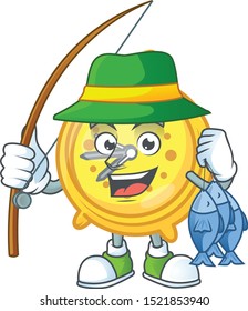 Fishing alarm clock cartoon with machine classic.