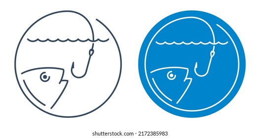 Fishing area or seafood sticker with fish and hook in thin line. Isolated vector emblem