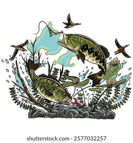 Fishing art design for tshirts printing. Fishes and Birds vector illustration.